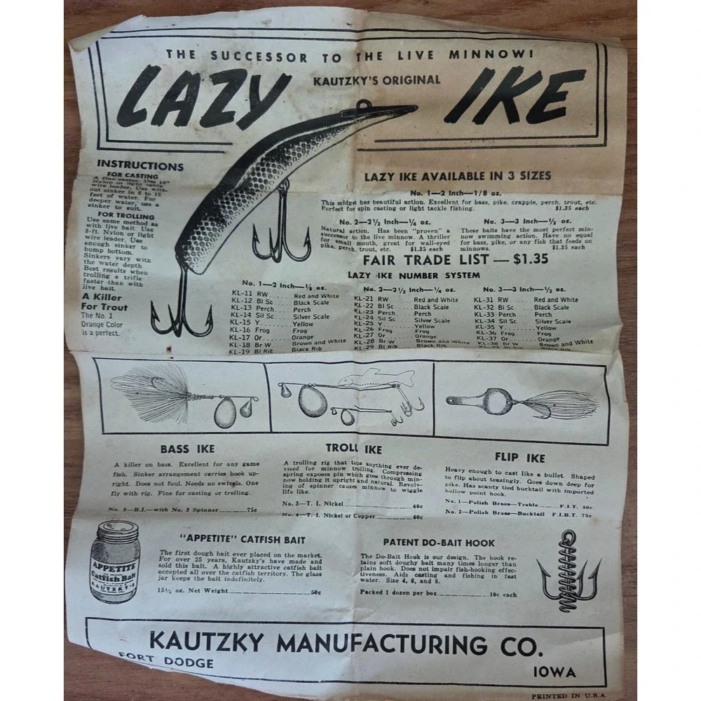 Vintage Lazy Ike BLACK WHITE PERCH Kautzky Wood Fishing Lure W/box and Ad